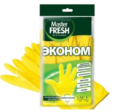 Master FRESH ЭКОНОМ хозяйственные перчатки (латексные с хлопком), 1 пара (большой размер L/XL), желтые С0006058 - фото 17411